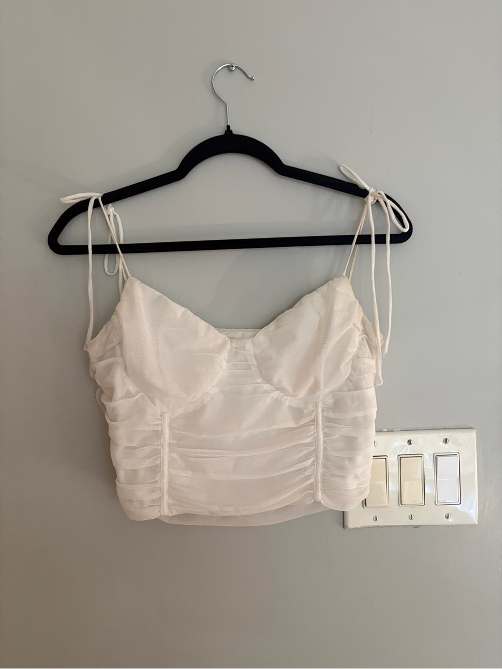 Princess Polly White Ruched Spaghetti Tie-Strap Crop Top